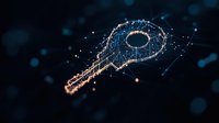 Digital key made of glowing network connections on dark background, representing cybersecurity, data protection, and digital access technology.