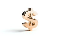 Golden dollar sign symbol on white background, metallic currency icon isolated for financial and business designs, marketing materials and presentations.