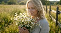 Young blonde Caucasian woman smelling white daisy flowers in sunny meadow field during golden hour sunset with peaceful expression and natural lighting.