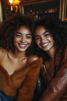Young African American women with natural curly hair and bright smiles wearing cozy brown winter outfits, sharing joyful moment in warm evening lighting.