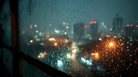 Rainy night cityscape through car window with water droplets and blurred urban lights creating atmospheric bokeh effect for moody transportation concepts.