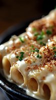 Creamy pasta cannelloni covered in rich white sauce, topped with golden breadcrumbs and fresh chopped parsley, served on dark plate. Close-up macro shot with selective focus.