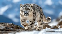 Snow leopard prowling on rocky mountain ledge against blurred winter peaks, displaying powerful stance and spotted fur pattern in natural habitat.