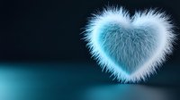Glowing turquoise heart shape made of soft fluffy fur material floating on dark background, romantic symbol with ethereal light effect for valentines designs.