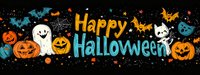 Festive Halloween banner with smiling pumpkins, friendly ghosts, flying bats, and colorful text against dark background, creating playful spooky atmosphere.