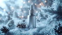 Frosted glass dropper bottle on snowy winter background with pine branches and bokeh lights. Cosmetic product photography in cold blue tones with magical atmosphere.