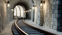 Curved railway track through stone tunnel with arched windows and wall-mounted lanterns. Atmospheric perspective shows winding path into distance with natural lighting.