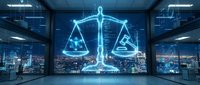 Glowing scales of justice hologram in modern office with city skyline view at night, symbolizing law, ethics, and digital legal technology for corporate compliance.