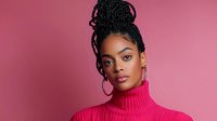 Young African American woman with braided updo hairstyle wearing bright pink turtleneck sweater against pink background, fashion portrait with natural makeup and hoop earrings.