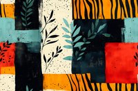 Abstract botanical collage with tiger stripes, colorful geometric blocks, and silhouette plant elements in teal, red, orange, and black. Modern artistic composition.