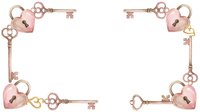 Vintage rose gold skeleton keys and padlock charms arranged in corners on white background, suitable for romantic designs, wedding invitations, and decorative borders.
