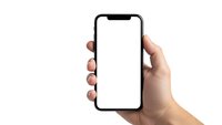 Hand holding modern smartphone with blank white screen isolated on white background for mockup and app presentation purposes.