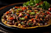 Spicy Mexican tostada topped with seasoned ground beef, black beans, corn, jalapenos, tomatoes, and fresh herbs on dark rustic background. Authentic cuisine.