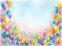 Watercolor party balloons frame with confetti and swirls creating festive border on light background for celebrations and special events.