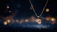 Elegant gold pendant necklace with sparkling crystal against dark background with dreamy bokeh lights, luxury jewelry photography with shallow depth of field.