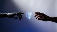 Robotic hand and human hand reaching toward glowing blue shield symbol representing cybersecurity protection and AI technology collaboration in digital safety.