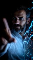 Bearded man in white shirt gesturing against dark background with glowing blue financial chart effects and particles, dramatic lighting creates futuristic trading atmosphere.