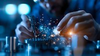 Hands working on digital transformation with glowing network connections and sparkles in dark blue environment, showcasing technological innovation.