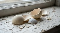 Broken eggshells scattered on weathered wooden windowsill with peeling white paint, rustic kitchen scene with natural lighting for cooking concepts.