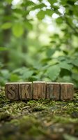 Wooden letter blocks spelling skill arranged on moss-covered ground with lush green foliage and bokeh background, representing personal development, training, and competence building for educational and business concepts.