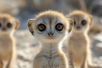 Adorable meerkat pup with large expressive eyes standing alert in natural habitat with family group in soft focus background for wildlife photography.