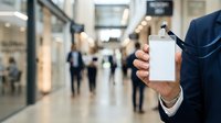 Businessman in navy suit holding blank white ID badge or credential card in modern shopping mall or corporate building with blurred pedestrians in background.
