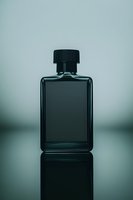 Minimalist black glass bottle with reflection on dark moody background, dramatic lighting creates mysterious atmosphere. Suitable for luxury product photography.