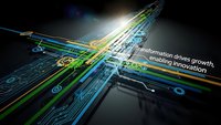 Digital transformation concept with glowing circuit board pathways and innovation text on dark background for technology presentations.