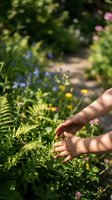 Hands gently touching green fern leaves in sunny garden with colorful wildflowers and natural bokeh background for wellness and nature connection concepts.