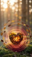 Autumn heart-shaped nest with glowing lights surrounded by swirling fall leaves and warm bokeh background creating magical seasonal atmosphere.