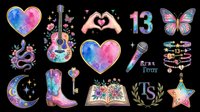 Watercolor music era clipart set with hearts, guitar, snake, cowboy boot, butterfly, microphone, bracelets, and star, isolated on transparent background for stickers, T-shirts, print on demand.