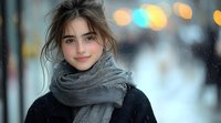 Young Caucasian woman wearing gray scarf and black coat smiling outdoors on winter evening with soft bokeh lights in background, messy updo hairstyle creates casual romantic mood.