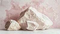 Raw white chalk or limestone rocks arranged on light surface against pink textured wall background, minimalist natural mineral composition for spa and wellness.