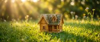 Miniature wooden house model sitting in lush green grass with warm golden sunlight streaming through blurred background for real estate concepts.