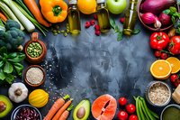 Fresh organic vegetables, fruits, and healthy ingredients frame dark background, perfect for food blog, restaurant menu, or nutritional content. Mediterranean diet concept with copy space.