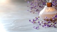 Essential oil bottle with dried purple flowers on white marble surface for aromatherapy and natural wellness spa treatments.