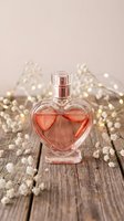Heart-shaped perfume bottle with pink fragrance on rustic wooden surface surrounded by white flowers and golden fairy lights for romantic occasions.
