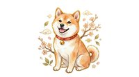 Smiling Shiba Inu dog with red collar sitting among autumn leaves and branches on isolated white background, ready for design use.