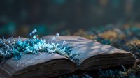 Open ancient book with glowing magical moss and tiny mushrooms growing from pages in enchanted forest setting for fantasy storytelling concepts.