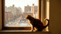 Tabby cat sitting on windowsill gazing at urban cityscape during golden hour, domestic pet enjoying city view from apartment window.