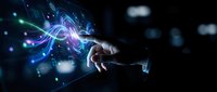 Businessman hand touching glowing digital network connections with futuristic holographic interface technology concept for innovation and connectivity.