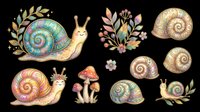 Colorful snails and botanical elements isolated on transparent background, ready for t-shirt design, clipart, stickers, sublimation, and print-on-demand projects.