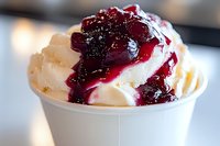Creamy vanilla ice cream topped with sweet cherry sauce drizzle in white paper cup, close-up view showing rich texture and vibrant red berry topping.