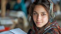 Young woman wearing colorful patterned headscarf smiles gently while reading, natural lighting creates soft ambiance in casual indoor setting.
