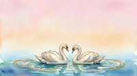 Two white swans forming a heart shape on calm water with soft pastel gradient sky, romantic nature scene for wedding and love themed designs.