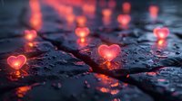 Glowing pink heart shapes on wet dark surface with water drops reflecting romantic light. Magical Valentine mood with bokeh effect and reflections.