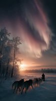 Magical aurora borealis illuminates night sky as dog sled team traverses snowy landscape at sunset, creating atmospheric winter adventure scene.