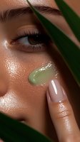 Close-up of woman applying green gel moisturizer on glowing skin with manicured finger, framed by tropical leaf shadow. For beauty and skincare advertising.