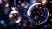 Glowing network sphere with golden connections floating in cosmic space with bokeh lights and stars for technology and connectivity concepts.