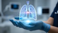 Medical professional holding holographic lung anatomy model in modern healthcare facility for respiratory system education and pulmonary medicine training.